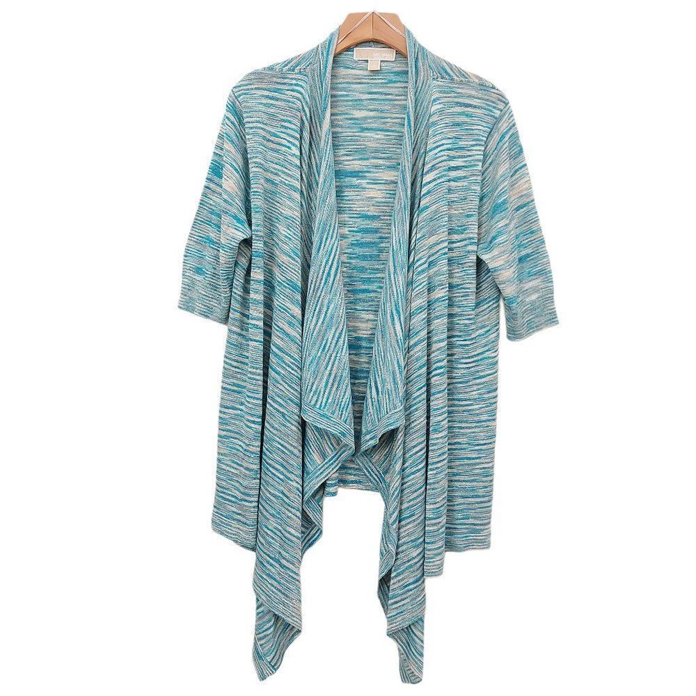 Michael Kors Open Cardigan Womens Large Green 3/4 Sleeve Metallic Thread Knitted